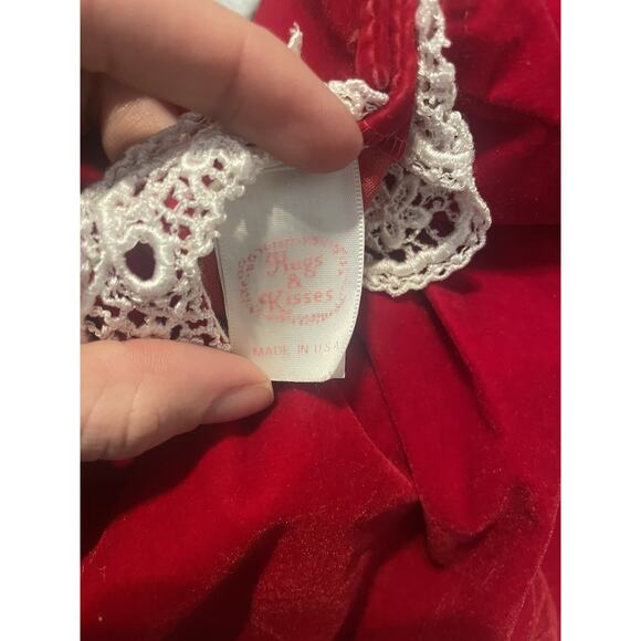Vintage HUGS & KISSES Baby Girl Dress Sz 12 Mos Red Velvet Short Sleeve Lace - Picture 5 of 6